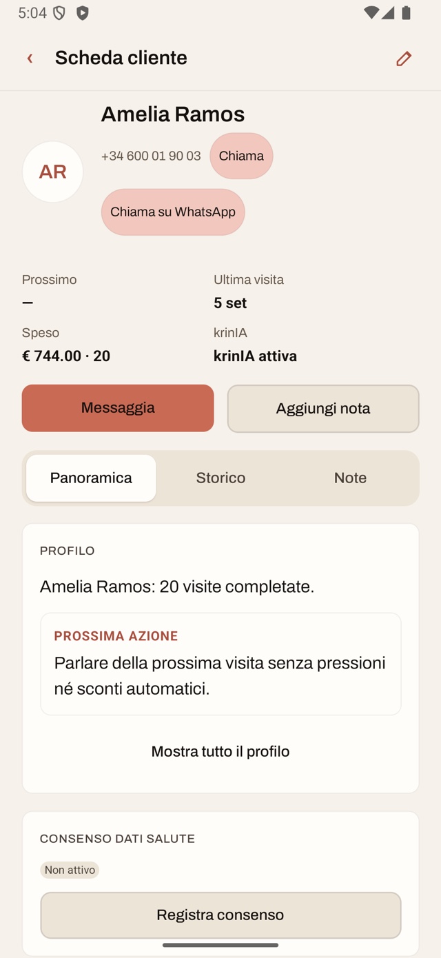 Profilo cliente con storico e opportunità