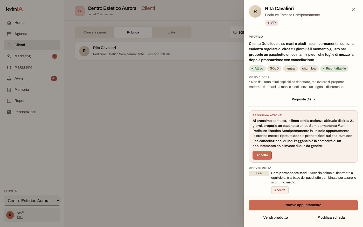 Dossier della cliente con consigli e opportunità